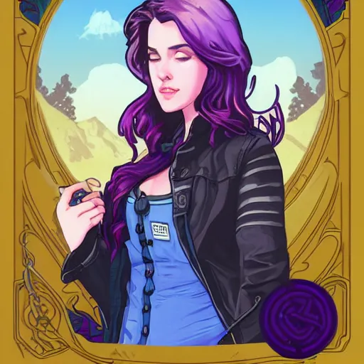 Prompt: realistic depiction of abigail from stardew valley wearing black shirt under blue denim jacket, purple hair, blue eyes, art by tan zi and artgerm and alphonse mucha and peter mohrbacher