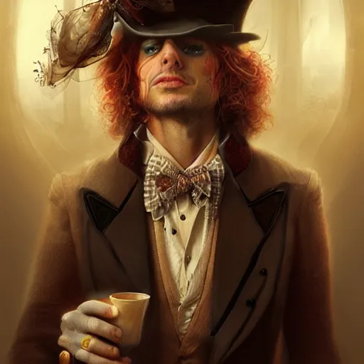 Prompt: The Madhatter, digital painting, lots of details, extremely detailed, 4k, intricate, brush strokes, Artgerm, Bastien Lecouffe-Deharme