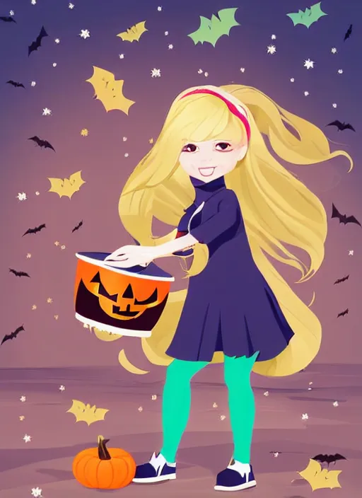 Image similar to three year old girl with long blonde hair in a halloween scene. she is carrying a candy bucket. clean cel shaded vector art. shutterstock. behance hd by lois van baarle, artgerm, helen huang, by makoto shinkai and ilya kuvshinov, rossdraws, illustration, art by ilya kuvshinov