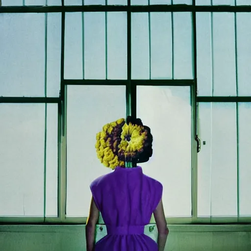 Prompt: giant flower head, girl standing by 1 9 6 0 window, surreal photography, symmetry, mid century, flat light, bright colours, blue sky, realistic, wes anderson