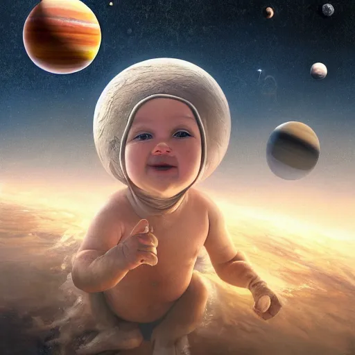 Prompt: all of the planets revolving around a giant Baby, beautiful, oil on canvas, intricate, 8k highly professionally detailed, HDR, CGsociety