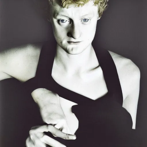 Image similar to james acaster, portrait, fashion photography, polaroid, by david bailey, mariko mori, davide sorrenti