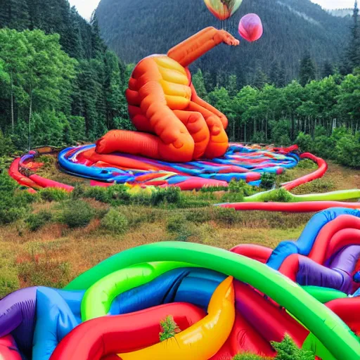 Prompt: inflatable landscape with forest, river and mountains in the middle of the frame colossal balloon statue surrounded by colorful ribbons and party confetti , concept art, huge scale, high detail, sci fi by James Jean