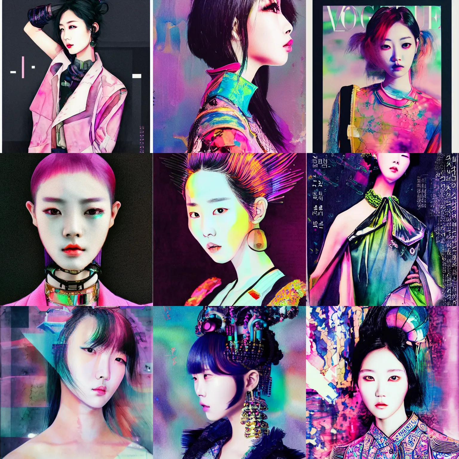 Prompt: korean women's fashion model, intricate watercolor cyberpunk vaporwave portrait by vogue magazine