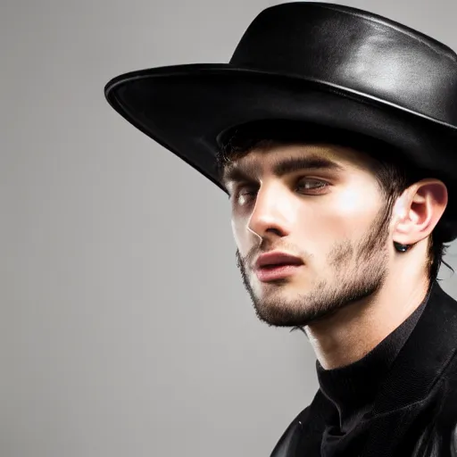 Image similar to a male model wearing a black leather hat, frontal view, cool looking