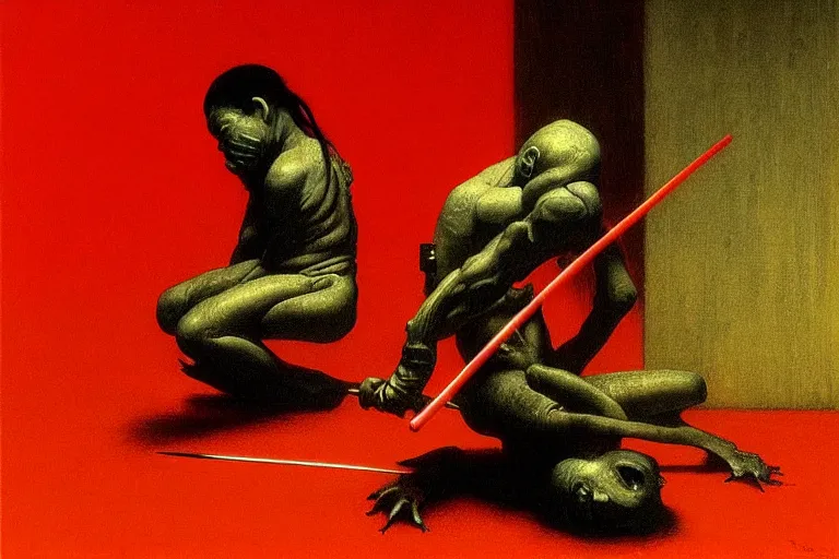 Image similar to only with red, a red samurai do seppuku, tokio, a lot of frogs watch, in the style of beksinski, parts by edward hopper, parts by rodcenko, parts by yue minjun, intricate and epic composition, red by caravaggio, insanely quality, highly detailed, masterpiece, red light, artstation, 4 k