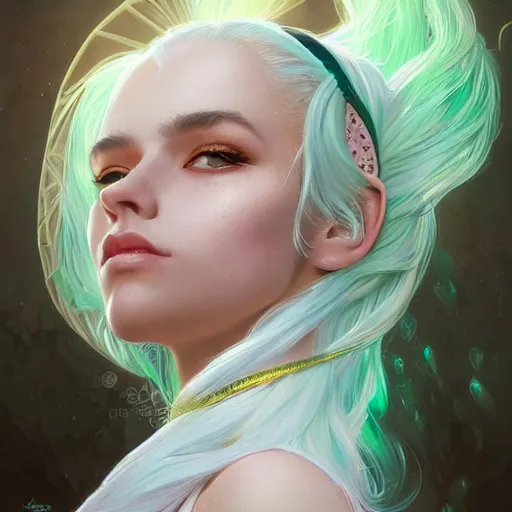 Image similar to ultra realistic illustration, dream girl with white hair, with light green eyes, with cat ears, in a sundress, intricate, elegant, highly detailed, digital painting, artstation, concept art, smooth, sharp focus, illustration, art by artgerm and greg rutkowski and alphonse mucha