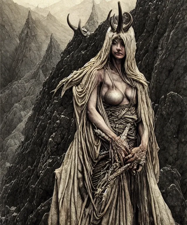 Image similar to A detailed horned dragonwoman stands among the hills. Wearing a ripped mantle, robe. Perfect faces, extremely high details, realistic, fantasy art, solo, masterpiece, art by Zdzisław Beksiński, Arthur Rackham, Dariusz Zawadzki