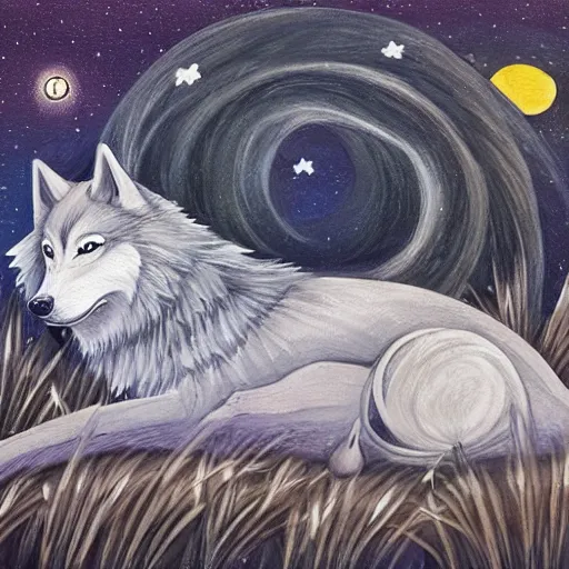 Image similar to wolf okami!!!!!!! resting under a sky full of stars, by a deep!! river, calm, acrylic on canvas, okami, okami, okami, okami, okami, okami, cel shaded, cel shaded, cel shaded, cel shaded