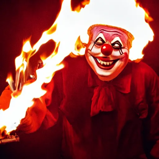 Image similar to photo of a clown using a flamethrower projecting a long flame. award-winning, highly-detailed