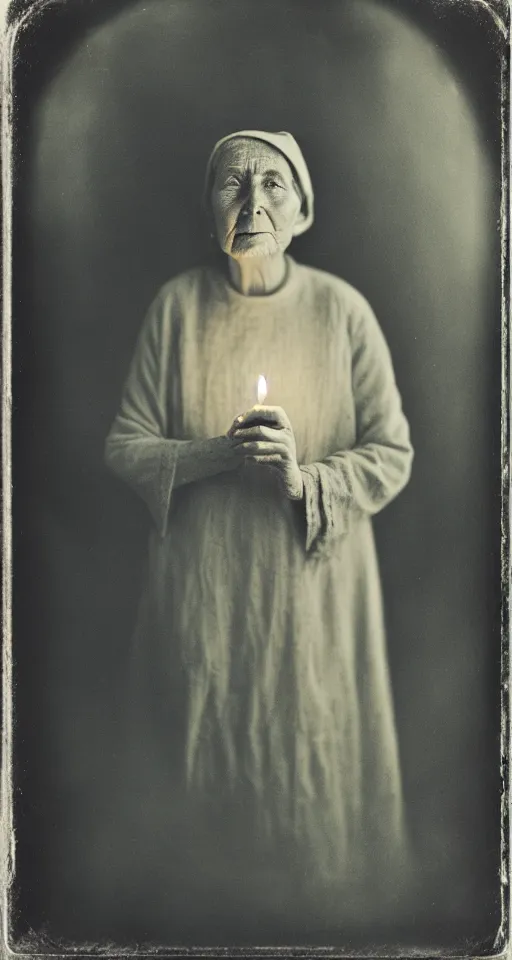 Prompt: a wet plate photograph, a portrait of a wise old woman holding a lit incense candle