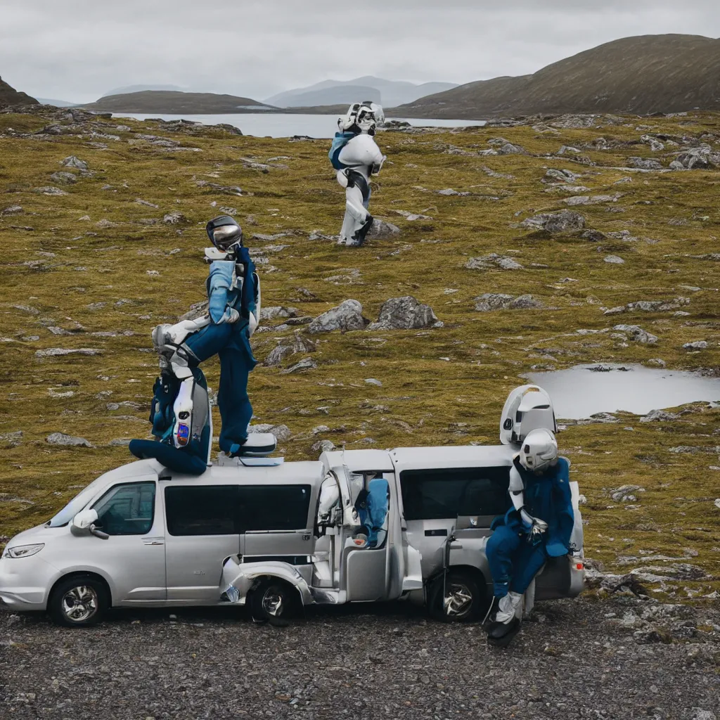 Prompt: tourist in space suit on the Isle of Harris, Scotland, a futuristic silver sci-fi campervan in the background, 35 mm lens, medium format camera, photorealistic, 8K, rocky, hills, grass