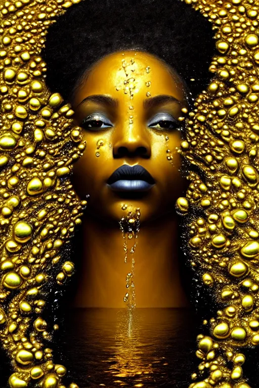 Prompt: hyperrealistic neo - dada cinematic very expressive! profile black oshun goddess, emerging from water!!, mirror dripping droplet!, gold flowers, highly detailed face, digital art masterpiece, smooth eric zener cam de leon, dynamic pearlescent turquoise light, low angle uhd 8 k, sharp focus