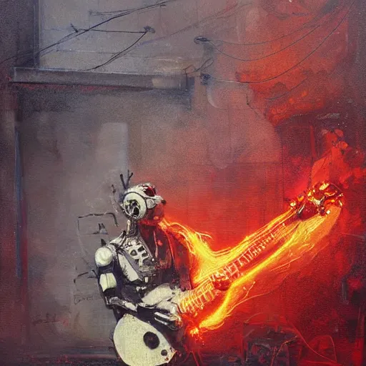 Image similar to a cyborg playing guitar, flames shooting from guitar, ruined street, blood moon, by Jeremy Mann, stylized, detailed, realistic, loose brush strokes