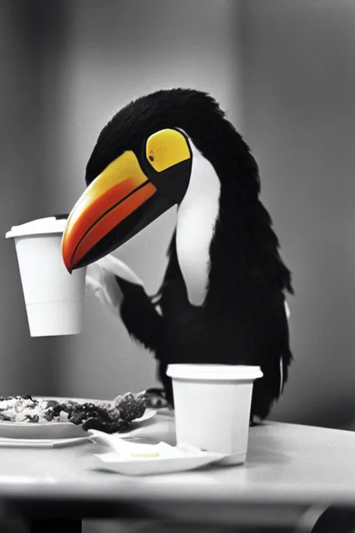 Image similar to an anthropomorphism toucan enjoying a meal at mcdonalds, photo taken in 1 9 6 6, highly detailed photography, 3 5 mm, natural light, bokeh effect