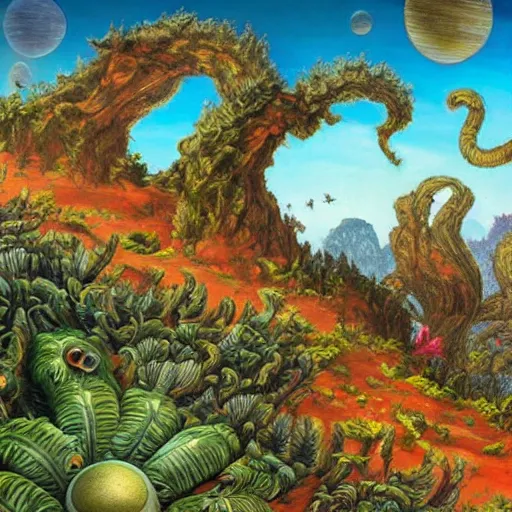 Image similar to An otherwordly, alien landscape with strange plants and creatures.