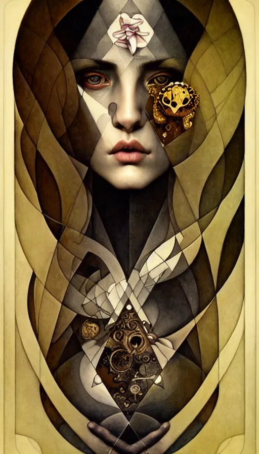Image similar to M. C. Escher looking puzzled painted by tom bagshaw, mobius, mucha M. C. Escher, gold paint, ink, gnarly details