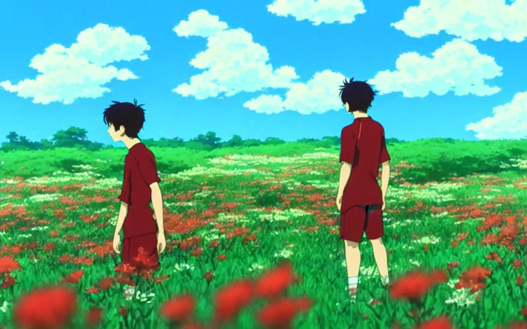 Prompt: a boy wearing a red soccer jersey day dreaming on a field of flower, beautiful bright blue sky. 35mm film. makoto shinkai, studio ghibli.