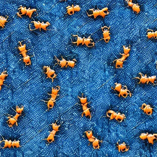 Prompt: microscopic zoom on a denim fabric, little ants walking all over it collecting crumbs, 8k, highly detailed, tactile