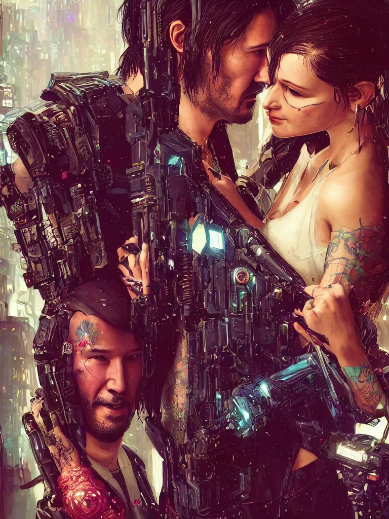 Image similar to a cyberpunk 2077 wedding couple portrait of Keanu Reeves and V kissed,love,film lighting,by Lawrence Alma-Tadema,Andrei Riabovitchev,Laurie Greasley,Dan Mumford, John Wick,Speed,Replicas,artstation,deviantart,FAN ART,full of color,Digital painting,face enhance,highly detailed,8K,octane,golden ratio,cinematic lighting