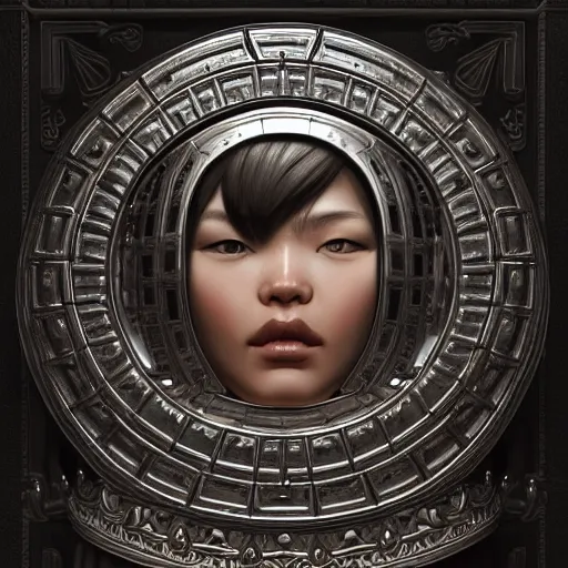 Image similar to a portrait of a chrome carved hearth. highly detailed. intricate artwork. by Tooth Wu, wlop, rending on artstation, graphic style style of Patrick Gleason very coherent symmetrical artwork. high detail, depth of field, bokeh.