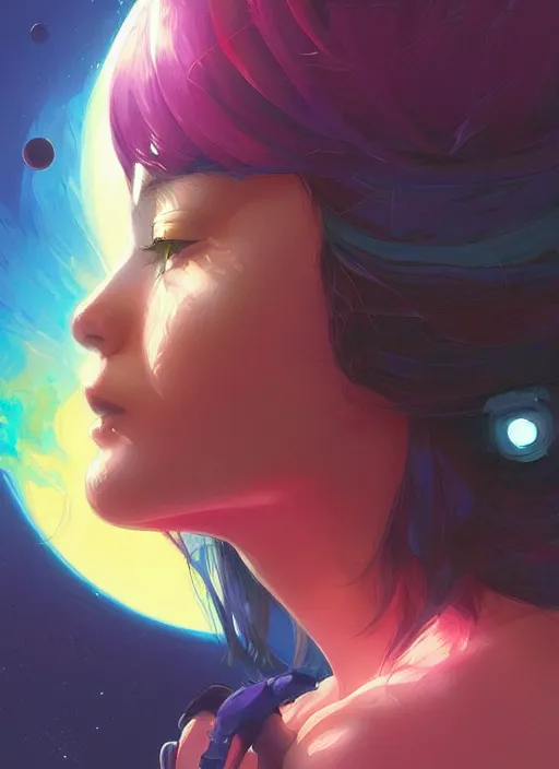 Image similar to a beautiful pensive woman, halo of planets, bright colors, highly detailed, concept art, matte, trending on artstation, anime, art by wlop and artgerm and greg rutkowski, ilya kuvshinov, strong strokes,