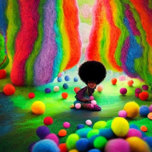 Image similar to a black girl with a colorful afro and rainbow eyes, in a candy forest! at night, bokeh, bright colours, watercolor, volumetric wool felting, macro photography, children illustration, by goro fujita