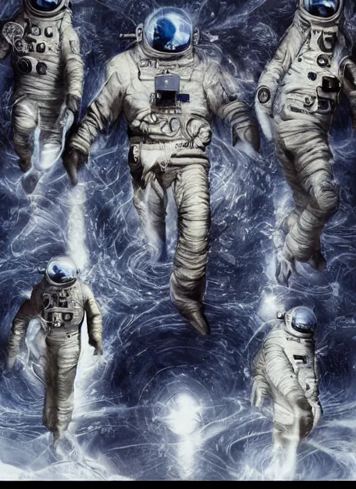 Image similar to astronauts in dark and empty void underwater poster - complex and hyperdetailed technical suit. go pro selfie. reflection and dispersion materials. rays and dispersion of light. volumetric light. 5 0 mm, f / 3 2. noise film photo. flash photography. ultra realistic. poster by wayne barlowe, hajime sorayama aaron horkey, craig mullins