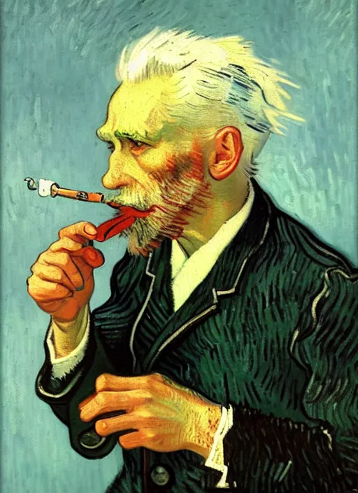 Image similar to portrait of a very old sailor with white hair smoking a pipe, detailed realism face in painting, detailed beautiful portrait, expressionist oil painting masterpiece, 8 k resolution, smooth, sharp focus, pastel color palette, trending on artstation, by van gogh