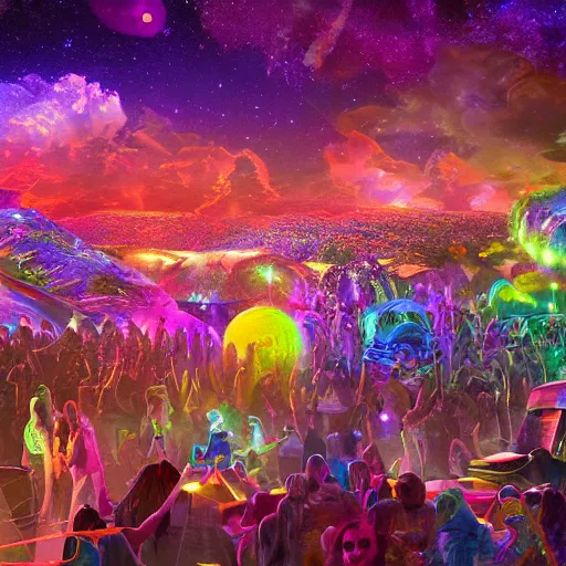 Image similar to a cosmic rave party in the end of the world, high detail beautiful matte painting, ultrarealistic, octane render, cosmic psychedelic art