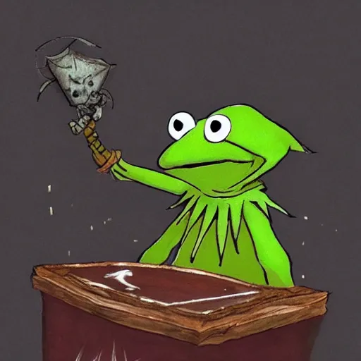 Image similar to evil kermit the frog, dark souls, bloodborne, elden ring, by hidetaka miyazaki