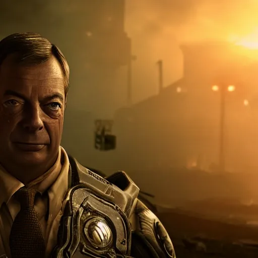 Image similar to Portrait of Nigel Farage in Gears of War, splash art, movie still, cinematic lighting, dramatic, octane render, long lens, shallow depth of field, bokeh, anamorphic lens flare, 8k, hyper detailed, 35mm film grain