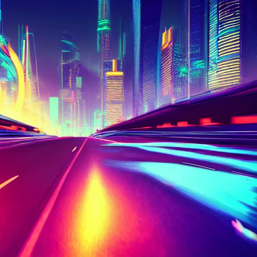 Image similar to cyberpunk car synthwave neon lights driving fast with city visible in the background, the road extends out towards the horizon, 3d render