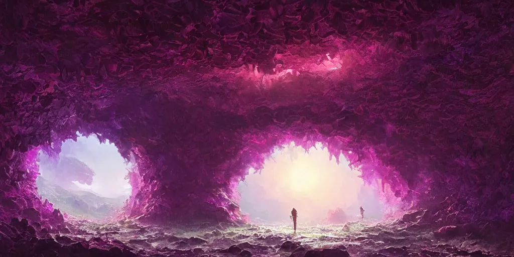 Image similar to zoomed out landscape, beautiful hyper realistic zergling tunnel in cave of purple crystals, beautiful painting by greg rutkowski, atmosphere, ethereal, magic, amazing, positive vibes