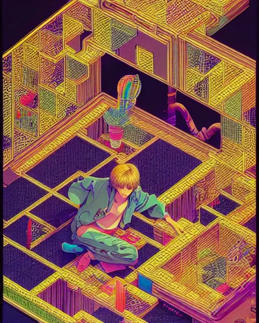 Image similar to hyper detailed illustration of a boy sitting in front of a computer and playing 3 d tetris, intricate linework, lighting poster by moebius, ayami kojima, 9 0's anime, retro fantasy
