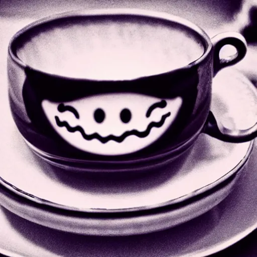 Prompt: a creepy smiling face with open mouth peering out of a teacup, photograph, haunting image