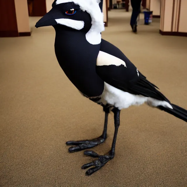 Prompt: a person wearing a fursuit of a magpie fursona, fursona, furry convention, hotel lobby, indoors, photograph, furry fandom, photorealistic,