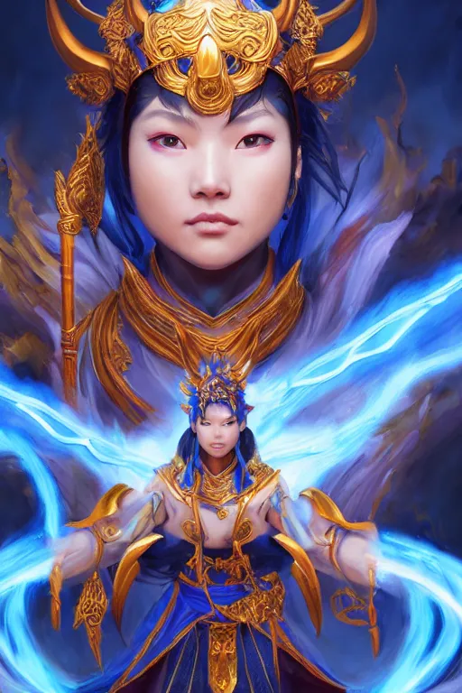 Image similar to a masterpiece portrait of nezha, legendary god holding spear, blue flame everywhere, epic pose, fantasy character portrait, closeup shot, hyper detailed, digital painting, 8 k realistic, trending on artstation, sharp focus, dof, by fenghua zhong, artgerm, ne zha from smite, tsuyoshi nagano, raymond swanland