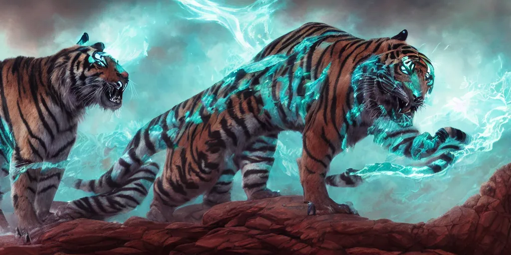 Image similar to Ghostly tiger made out of turquoise energy creature character design sheet, Monster Hunter Illustrations art book, Bright sparks, claws, huge sabertooth fangs, Moebius, Greg Rutkowski, Zabrocki, Karlkka, Jayison Devadas, Phuoc Quan, trending on Artstation, 8K, ultra wide angle, zenith view, pincushion lens effect.