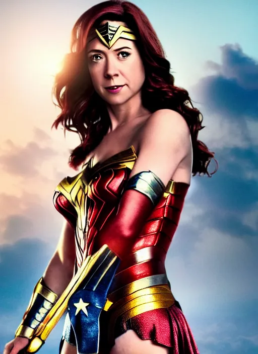 Prompt: Alyson Hannigan as Wonder Woman, movie Still, 4k, cinematic lighting, golden hour,