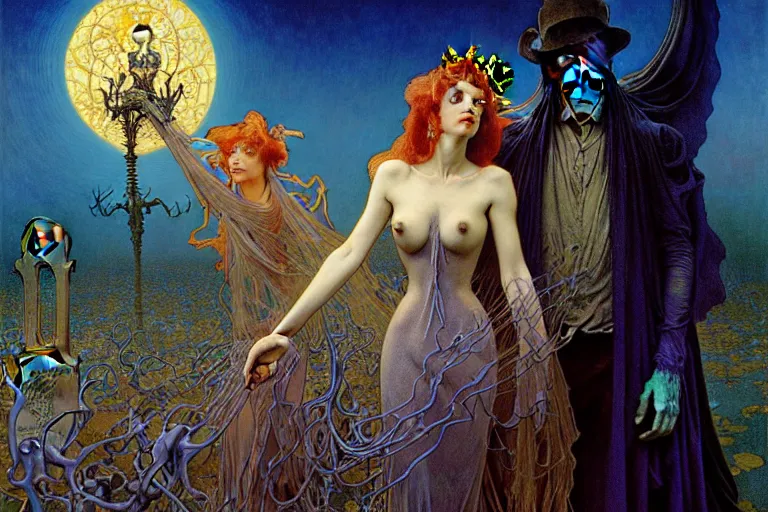 Image similar to realistic detailed portrait painting of a beautiful ghost woman with a male zombie, nightly graveyard landscape background by Jean Delville, Amano, Yves Tanguy, Alphonse Mucha, Ernst Haeckel, Edward Robert Hughes, Roger Dean, masterpiece, cinematic composition, dramatic pose, 4k details, rich moody colours, blue eyes