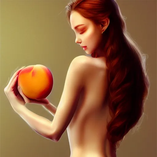 Prompt: Beautiful clothed woman holding a peach, seen from the rear, detailed digital art by WLOP and Artgerm