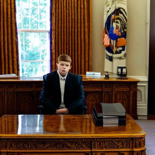 Prompt: cinematic shot of Yung Lean sitting in the desk in the oval office, 8k, very intricate, very detailed,
