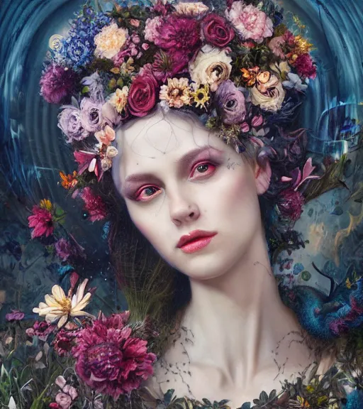 Image similar to portrait of the queen of the underworld, surrounded by flowers by karol bak, james jean, tom bagshaw, rococo, trending on artstation, cinematic lighting, hyper realism, octane render, 8 k, hyper detailed.