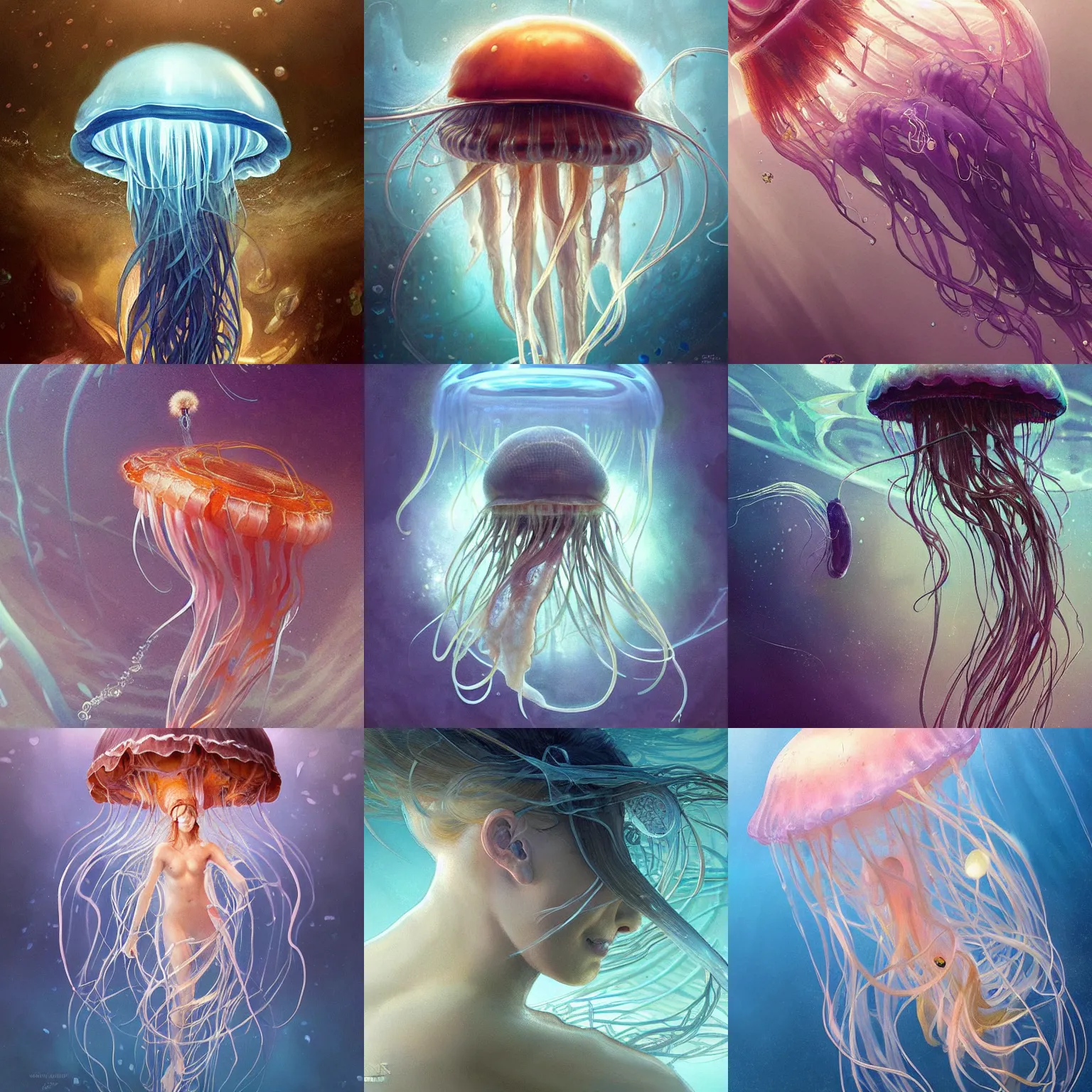 Prompt: a jellyfish with a visible brain, underwater, intricate, sharp focus, illustration, highly detailed, digital painting, concept art, matte, art by wlop and artgerm and greg rutkowski and alphonse mucha, masterpiece
