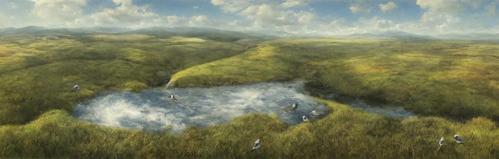 Prompt: A meadow with a stream, birds eye view with horizon visible, illustration, detailed, smooth, soft, warm, by Adolf Lachman, Shaun Tan, Surrealism
