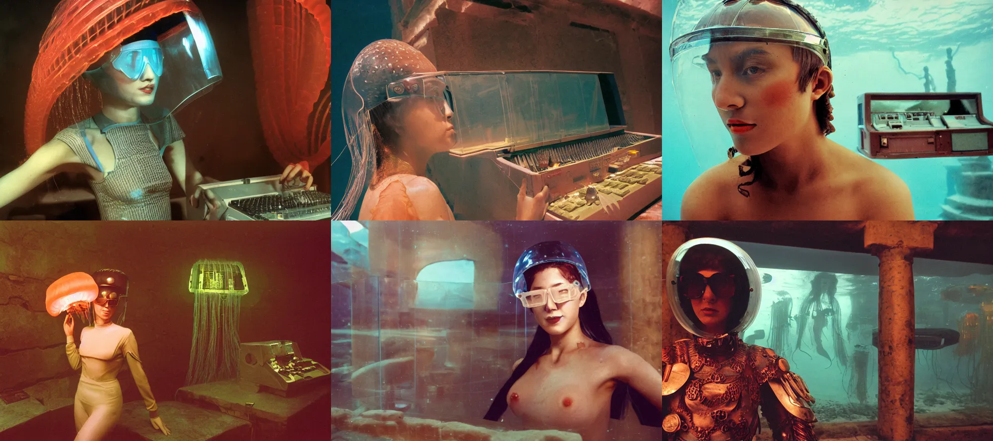 Prompt: closeup view of a female jellyfish human hybrid wearing roman armor and visor shades, inside of a dimly lit ancient Roman villa with a soviet computer console and a semi-transparent wall with an exterior view of a NewYork chinese restaurant that is underwater, ektachrome photograph, volumetric lighting, 24mm f8 aperture