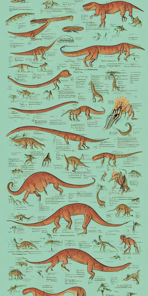 Image similar to anatomy of a dinosaur, diagrams, map, marginalia, sketchbook, old script, inhabited initials, pastel infographic by Wes Anderson and victo ngai