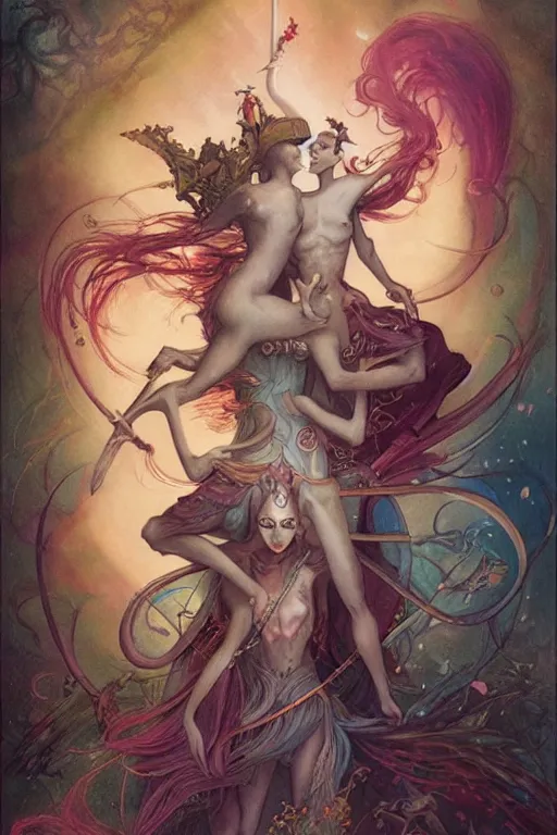 Prompt: an illustrated tarot card of The lovers based on the original rider waite tarot deck, full of colors, insane details, concept art, elegant, by Peter Mohrbacher and brian froud dynamic lighting