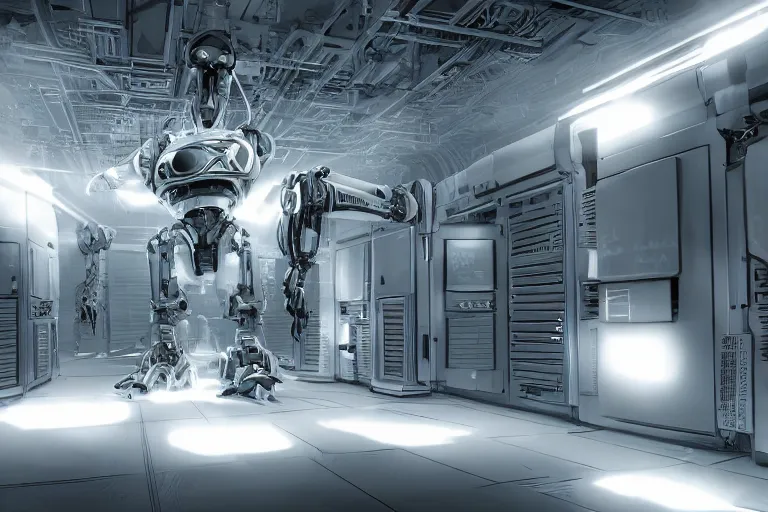 Image similar to robosaurus parallax datacenter server room interior single mono colossus white rusty robot sitting artstation cinematic detailed concept art ultra realistic volumetric light sharp coherent cgsociety symmetric perfect well balanced shadows lotr technogoddess sidwill diodes emitting